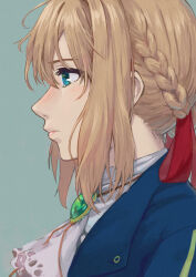 Rule 34 | 1girl, absurdres, ascot, blonde hair, blue background, blue eyes, blue jacket, braid, closed mouth, expressionless, eyelashes, from side, green brooch, hair ribbon, highres, jacket, portrait, red ribbon, ribbon, simple background, solo, upper body, violet evergarden, violet evergarden (series), white ascot, yamamoto suzume