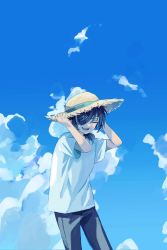 Rule 34 | 1boy, aged down, black pants, blue hair, blue sky, child, closed eyes, cloud, commentary, day, eyepatch, genshin impact, hair between eyes, hand on headwear, hat, highres, kaeya (genshin impact), male focus, open mouth, outdoors, pants, ponpo321, shirt, short sleeves, sky, solo, straw hat, symbol-only commentary, white shirt