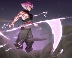 Rule 34 | 1boy, blood, blood from mouth, dougi, dragon ball, dragon ball super, earrings, energy weapon, evil smile, feet out of frame, floating, floating object, floating weapon, goku black, grin, highres, injury, jewelry, long sleeves, male focus, mo (db momo gb), muscular, muscular male, no nipples, pants, pectorals, pink hair, scythe, shirt, single bare shoulder, smile, smoke, solo, spiked hair, super saiyan, super saiyan rose, torn clothes, torn pants, torn shirt, wind