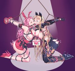 Rule 34 | 2girls, ahegao, anal, animal ears, anyway (amteun), arms behind back, bad id, bad pixiv id, bdsm, belt, black gloves, black legwear, blonde hair, blue eyes, blush, bondage, bondage outfit, bound, braid, breasts, chain, collar, dress, fake animal ears, french kiss, gloves, grabbing, grabbing another&#039;s breast, hairband, high heels, highres, jewelry, kiss, kneeling, leg belt, leotard, looking at another, multiple girls, necklace, nipple piercing, nipple stimulation, nipple tweak, nipples, one eye closed, open clothes, open mouth, original, pantyhose, piercing, pig ears, pink hair, playboy bunny, rabbit ears, saliva, sex toy, skirt, slave, tears, thighhighs, tongue, tongue out, torn clothes, torn legwear, yuri
