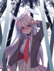 Rule 34 | 1girl, animal ears, bamboo, bamboo forest, black jacket, blazer, closed mouth, collared shirt, commentary, forest, hair between eyes, highres, jacket, lily-an, long hair, long sleeves, looking at viewer, nature, necktie, outdoors, pink skirt, pleated skirt, purple hair, rabbit ears, rabbit girl, red eyes, red necktie, reisen udongein inaba, shirt, skirt, solo, touhou, white background, white shirt