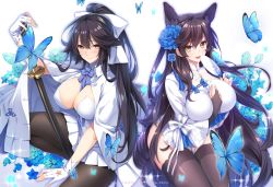 Rule 34 | 2girls, absurdres, alternate costume, animal ears, artist name, artist request, atago (azur lane), azur lane, black legwear, blush, bow, bowtie, breasts, bridal gauntlets, brown eyes, brown hair, bug, butterfly, cape, chinese clothes, cleavage, commentary request, creator connection, dress, fingerless gloves, flower, girls&#039; frontline, gloves, hair flower, hair ornament, hand fan, hand on own chest, highres, holding, insect, kneeling, large breasts, long hair, look-alike, looking at viewer, mole, mole under eye, multiple girls, official alternate costume, on one knee, open mouth, pantyhose, pleated skirt, short dress, simple background, sitting, skirt, smile, sparkle, sword, takao (azur lane), thighhighs, type 95 (narcissus) (girls&#039; frontline), very long hair, weapon, white background, white skirt, zettai ryouiki
