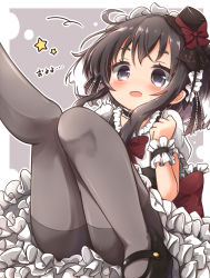 Rule 34 | 10s, 1girl, absurdres, alternate costume, black footwear, black hair, black pantyhose, blush, choker, clenched hand, dress, frilled choker, frilled dress, frilled skirt, frills, gothic lolita, hairband, highres, kantai collection, kisa (k isa), leg up, lolita fashion, lolita hairband, mary janes, open mouth, pantyhose, puffy short sleeves, puffy sleeves, shoes, short hair, short hair with long locks, short sleeves, sitting, skirt, solo, thighband pantyhose, tokitsukaze (kancolle), wrist cuffs