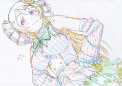 Rule 34 | 1girl, ayase eli, bare shoulders, blonde hair, blue eyes, blush, bow, bowtie, breasts, closed mouth, color trace, dated, dutch angle, green bow, green bowtie, hands on own hips, highres, large breasts, limited palette, long hair, long sleeves, love live!, love live! school idol project, makicha (sasurainopink), scan, skirt, smile, solo, traditional media