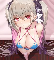Rule 34 | 1girl, :&lt;, absurdly long hair, alternate costume, asamura hiori, azur lane, bikini, blue bikini, blush, breasts, choker, cleavage, covered erect nipples, earrings, formidable (azur lane), formidable (the lady of the beach) (azur lane), from above, grey hair, hair between eyes, hair ribbon, indoors, jewelry, large breasts, long hair, looking at viewer, red eyes, ribbon, sidelocks, single thighhigh, skindentation, solo, standing, swimsuit, thighhighs, twintails, two-tone ribbon, very long hair, white thighhighs