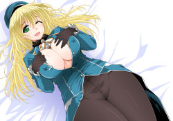 Rule 34 | 10s, 1girl, atago (kancolle), bed, black pantyhose, blonde hair, breasts, cleavage, covered erect nipples, crotch seam, green eyes, hat, huge breasts, kantai collection, long hair, looking at viewer, lying, on back, one eye closed, pantyhose, smile, solo, wink, yamaguchi homupe