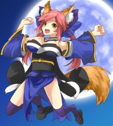 Rule 34 | 10s, 1girl, animal ears, bad id, bad pixiv id, bare shoulders, bow, breasts, choker, cleavage, clog sandals, detached sleeves, fate/extra, fate (series), fox ears, fox tail, full moon, hair bow, hair ribbon, hogi, japanese clothes, large breasts, moon, open mouth, pink hair, ribbon, smile, solo, tail, tamamo (fate), tamamo no mae (fate/extra), thighhighs, twintails, yellow eyes