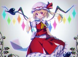 Rule 34 | &gt;:d, 1girl, :d, ascot, bad id, bad twitter id, blonde hair, blush, chromatic aberration, crystal, fang, flandre scarlet, frilled shirt collar, frills, hat, hat ribbon, highres, koto seori, laevatein, looking at viewer, mob cap, one-hour drawing challenge, open mouth, puffy short sleeves, puffy sleeves, red eyes, red ribbon, red skirt, ribbon, short sleeves, side ponytail, skirt, skirt set, smile, solo, touhou, v-shaped eyebrows, wings
