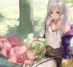 Rule 34 | 2girls, bare shoulders, breasts, brown eyes, cleavage, closed eyes, collarbone, dappled sunlight, dress, fire emblem, fire emblem: mystery of the emblem, fire emblem awakening, fire emblem heroes, green hair, haru (nakajou-28), long hair, long sleeves, lying on lap, lying on person, medium breasts, multiple girls, nintendo, off shoulder, on lap, outdoors, pink dress, pointy ears, ponytail, robe, robin (female) (fire emblem), robin (fire emblem), shirt, short dress, side slit, sleeping, sleeping on person, sleeveless, sleeveless shirt, stone floor, sunlight, tiki (fire emblem), tiki (young) (fire emblem), twintails, white hair