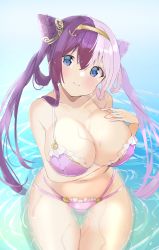 Rule 34 | 1girl, alternate costume, arm under breasts, azur lane, bad id, bad pixiv id, bikini, blue eyes, blush, breasts, caltins, cleavage, covered erect nipples, curvy, frilled bikini, frills, hair horns, hand on own chest, highres, huge breasts, large breasts, light purple hair, long hair, looking at viewer, multicolored hair, purple bikini, purple hair, smile, solo, split-color hair, swimsuit, thigh gap, thighs, wading, water, wet, ying swei (azur lane)