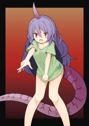 Rule 34 | 1girl, black border, border, clothes pull, clothes writing, collarbone, fang, feet out of frame, gradient background, green shirt, hair between eyes, hekkmushi, highres, horns, legs, long hair, looking at viewer, open mouth, orange background, pulling own clothes, purple hair, red eyes, red pupils, shirt, shirt pull, short sleeves, single horn, solo, tail, tenkajin chiyari, touhou