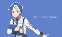 Rule 34 | 1boy, blue background, blue hair, blue necktie, cioccolatodorima, copyright name, grin, logo, long sleeves, looking at viewer, male focus, microsoft office, microsoft word, multicolored hair, necktie, paperclip, paperclip hair ornament, pencil, personification, simple background, smile, solo, suspenders, two-tone hair, upper body, white hair