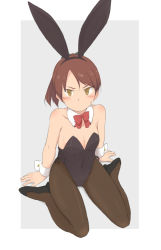 Rule 34 | 1girl, animal ears, black footwear, black leotard, black pantyhose, border, bow, bowtie, breasts, brown eyes, brown hair, commentary request, detached collar, fake animal ears, grey background, high heels, kantai collection, kugui kiyunemu, leotard, looking at viewer, pantyhose, playboy bunny, ponytail, rabbit ears, red bow, red bowtie, shikinami (kancolle), short hair, sitting, small breasts, solo, strapless, strapless leotard, two-tone background, wariza, white border, wrist cuffs