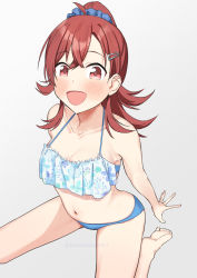 Rule 34 | 1girl, ahoge, arms behind back, barefoot, bikini, blue bikini, blue scrunchie, blush, breasts, cleavage, collarbone, commentary, floral print, grey background, hair between eyes, hair ornament, hairclip, highres, idolmaster, idolmaster shiny colors, komiya kaho, kumanomi, legs, long hair, looking at viewer, medium breasts, navel, on floor, open mouth, ponytail, print swimsuit, red eyes, red hair, scrunchie, sitting, smile, solo, stomach, swimsuit, thighs, wariza