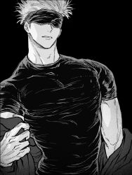 Rule 34 | 1boy, blindfold, gojou satoru, greyscale, highres, jujutsu kaisen, male focus, monochrome, muscular, muscular male, nay bb, parted lips, short hair, short sleeves, skin tight, spiked hair, undressing, upper body
