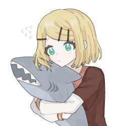 Rule 34 | 0211nami, 1girl, bad face, blonde hair, brown shirt, closed mouth, green eyes, hair ornament, hairclip, hug, kagamine rin, long sleeves, shark, shirt, simple background, solo, solo focus, stuffed animal, stuffed toy, tagme, trad school (module), vocaloid, white background