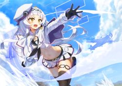 Rule 34 | 1girl, aircraft, airplane, azur lane, black footwear, black gloves, black neckerchief, black thighhighs, blue sky, blunt bangs, breasts, capelet, cloud, commentary request, crescent, crossover, gloves, hat, highres, hololive, leg up, long hair, long sleeves, mary janes, midriff, miniskirt, mizunashi (second run), murasaki shion, navel, neckerchief, official alternate costume, open mouth, outdoors, outstretched arm, pleated skirt, sailor collar, sailor hat, shoes, silver hair, skirt, sky, small breasts, smile, solo, standing, star (symbol), star and crescent, stomach, thigh strap, thighhighs, virtual youtuber, white capelet, white sailor collar, white skirt, yellow eyes