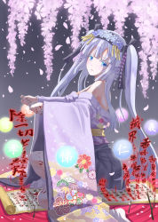 Rule 34 | 1girl, ball, bare shoulders, blue eyes, cherry blossoms, crystal, flower, fuse-hime, glowing, hadi, hair ornament, highres, japanese clothes, kanzashi, kimono, kodachi, long hair, nansou satomi hakkenden, on one knee, orb, parted lips, petals, princess, purple hair, scroll, seppuku, short sword, solo, sword, tabi, twintails, weapon