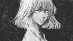 Rule 34 | 1girl, bob cut, collared shirt, from side, greyscale, highres, looking at viewer, monochrome, original, parted lips, shirt, short hair, solo, wataboku, wing collar