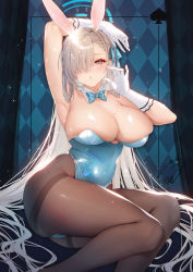 Rule 34 | 1girl, animal ears, armpits, arms up, asuna (blue archive), asuna (bunny) (blue archive), black pantyhose, blue archive, breasts, cleavage, curvy, hair over one eye, halo, highres, huge breasts, large breasts, leotard, looking at viewer, mole, mole on breast, navel, obiwan, one eye covered, pantyhose, playboy bunny, skindentation, thick thighs, thighs, weisuoxin