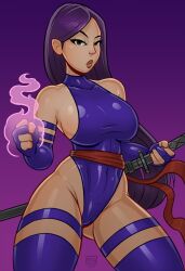 Rule 34 | 10s, 1girl, artist request, breasts, clenched hand, curvy, glowing, glowing hair, highleg, highleg leotard, holding, holding sword, holding weapon, katana, large breasts, leotard, long hair, looking at viewer, marvel, parted lips, psylocke, purple background, purple eyes, purple hair, revealing clothes, shiny skin, simple background, sword, thong leotard, very long hair, weapon, wide hips, x-men