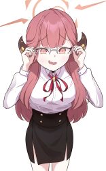 Rule 34 | 1girl, absurdres, aru (blue archive), bigmt kid, black skirt, blue archive, blush, collared shirt, demon horns, glasses, halo, highres, horns, long hair, neck ribbon, pencil skirt, red eyes, red hair, red ribbon, ribbon, shirt, shirt tucked in, skirt, solo, wavy mouth, white shirt