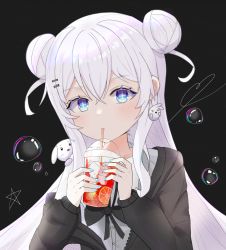 Rule 34 | + +, 1girl, alternate costume, azur lane, black background, black jacket, black ribbon, blue eyes, blue nails, bubble, buttons, commentary, crossed bangs, cup, disposable cup, double bun, drinking straw, drinking straw in mouth, english commentary, hair between eyes, hair bun, highres, hoangryu, jacket, le malin (azur lane), long sleeves, looking at viewer, nail polish, neck ribbon, off shoulder, open clothes, open jacket, ribbon, shirt, sidelocks, solo, upper body, white hair, white shirt