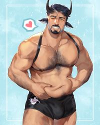 Rule 34 | 1boy, animal ears, animal print, arm hair, bara, beard, belly grab, black male underwear, boxers, bulge, chest hair, chest harness, cow boy, cow ears, cow horns, cow print, dark-skinned male, dark skin, earrings, facial hair, fat, fat man, hairy, harness, highres, horns, jewelry, judo-kun (saiberseks), large pectorals, leg hair, looking at viewer, male focus, male underwear, mature male, muscular, muscular male, navel, navel hair, nipples, one eye closed, original, pectorals, print male underwear, short hair, smile, solo, stomach, thick thighs, thighs, underwear, underwear only, weight conscious