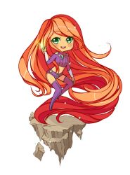Rule 34 | 1girl, alien, boots, chibi, dc comics, flying, green eyes, long hair, long sleeves, midriff, open mouth, orange hair, purple footwear, shorts, smile, starfire, thigh boots, thighhighs, transparent background, very long hair