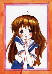 Rule 34 | 1girl, blush stickers, border, brown hair, clannad, cowboy shot, finger to mouth, highres, hikarizaka private high school uniform, lipstick, long hair, looking at viewer, makeup, miyazawa yukine, official art, open mouth, scan, school uniform, solo, string, string of fate, yamada naoko