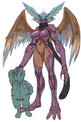 Rule 34 | 1boy, 1girl, absurdres, alternate breast size, armor, blood, breasts, claws, curvy, digimon, digimon frontier, gerusyu, grabbing, grabbing from behind, green eyes, harpy, head wings, highres, injury, large breasts, mask, monster girl, mouth mask, revealing clothes, shibayama junpei, shiny clothes, shiny skin, short hair, shutumon, simple background, size difference, smile, thighs, thong, white background, wide hips, wings