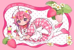 Rule 34 | 1girl, ahoge, alternate costume, apron, blush, bow, character name, closed mouth, cream soda, cup, dress, drinking glass, drinking straw, flower, food, frilled dress, frills, fruit, full body, gloves, gradient hair, hair ornament, heart, heart hair ornament, highres, holding, holding food, leaf, looking at viewer, lying, maid, maid apron, maid headdress, multicolored hair, nijisanji, on stomach, pantyhose, pink background, pink bow, pink dress, pink footwear, pink hair, plaid, plaid dress, polka dot, polka dot background, puffy short sleeves, puffy sleeves, purple eyes, purple hair, shoes, short hair, short sleeves, solo, star (symbol), star hair ornament, strawberry, surround sara udon, ushimi ichigo, virtual youtuber, white bow, white flower, white gloves, white pantyhose