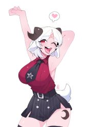 Rule 34 | ahegao, animal ears, armpits, baphomet (grizz), belt, breasts, demon girl, goat ears, goat eyes, goat girl, goat horns, goat tail, heart, helltaker, high-waist shorts, highres, horns, large breasts, necktie, pentagram, pinstripe pattern, red eyes, shirt, shorts, sleeveless, sleeveless shirt, spoken heart, stretching, striped, tattoo, thighs, tongue, tongue out, white background, white hair