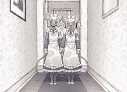 Rule 34 | 2girls, animal ears, apron, armband, daikokuten (fate), dress, fate/grand order, fate (series), greyscale, hat, highres, holding hands, long dress, monochrome, mouse ears, mouse tail, multiple girls, nurse cap, parody, smile, ssm chan 009, tail, the shining, twintails