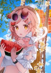 Rule 34 | 1girl, :o, animal, animal ears, animal on shoulder, arknights, backlighting, bag, blue sky, blush, cat, cat ears, cat girl, clothing cutout, commentary, eyewear on head, food, food-themed hair ornament, frilled shirt, frills, fruit, goldenglow (arknights), goldenglow (summer flowers) (arknights), hair ornament, hairclip, hammock, infection monitor (arknights), looking at viewer, mango, open mouth, outdoors, pink cat, pink hair, purple-tinted eyewear, shan (ti0n), shirt, short hair, shoulder cutout, sky, solo, tinted eyewear, watermelon, watermelon hair ornament, white shirt, yellow eyes