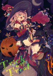 Rule 34 | 1boy, 1girl, bare shoulders, belt, blonde hair, boots, breasts, candy, crescent moon, detached sleeves, food, gloves, granblue fantasy, green eyes, halloween, hat, highres, large breasts, long hair, moon, thighhighs, tian you, twintails, vaseraga, wide sleeves, witch hat, zeta (granblue fantasy), zeta (halloween) (granblue fantasy)