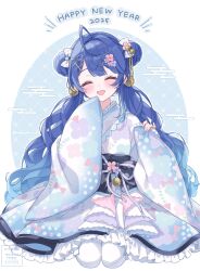 1girl 2025 absurdres ahoge amamiya_kokoro amamiya_kokoro_(3rd_costume) blue_hair blue_kimono blush bow closed_eyes double_bun english_text facing_viewer fang flower frilled_kimono frills hair_bow hair_bun hair_flower hair_intakes hair_ornament hair_ribbon hairclip happy_new_year highres japanese_clothes kimono long_hair low_twintails mugichoco new_year nijisanji obi pantyhose print_kimono ribbon sash seiza sitting skin_fang sleeves_past_fingers sleeves_past_wrists smile solo twintails virtual_youtuber watermark white_pantyhose wide_sleeves x_hair_ornament yukata