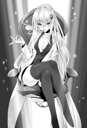 Rule 34 | 1girl, :d, breasts, cleavage, crossed legs, dress shirt, glasses, greyscale, hair between eyes, hair ornament, high heels, highres, isekai wa smartphone to tomo ni., lab coat, long hair, medium breasts, monochrome, novel illustration, official art, open clothes, open mouth, open shirt, pumps, regina babylon, shirt, sitting, smile, solo, thighhighs, usatsuka eiji, v-shaped eyebrows, very long hair