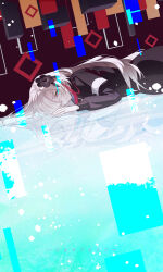 Rule 34 | 1girl, abstract background, absurdres, black coat, black flower, coat, cowboy shot, different reflection, dual persona, flower, grey eyes, grey hair, hair flower, hair ornament, hair over one eye, highres, isekai joucho, kamitsubaki studio, long hair, lying, multicolored hair, parted lips, red hair, reflection, song name, two-tone hair, virtual youtuber, walluka