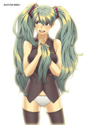 Rule 34 | 1girl, bad id, bad pixiv id, breasts, female focus, green eyes, green hair, grey eyes, hatsune miku, long hair, matching hair/eyes, no pants, panties, shinosuke (artist), simple background, solo, striped clothes, striped panties, thighhighs, twintails, underwear, vocaloid, white background