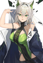 Rule 34 | 1girl, absurdres, animal ear fluff, animal ears, arknights, bare shoulders, black jacket, breasts, cat ears, commentary request, cowboy shot, green eyes, grey hair, groin, highres, jacket, kal&#039;tsit (arknights), kal&#039;tsit (remnant) (arknights), large breasts, looking at viewer, material growth, official alternate costume, open clothes, open jacket, oripathy lesion (arknights), parted lips, short hair, simple background, solo, soranoki, white background
