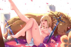 Rule 34 | 1girl, animal ears, ass, barefoot, blonde hair, blush, breasts, cameltoe, covered erect nipples, dankesang, fate/grand order, fate/stay night, fate (series), feet, genderswap, genderswap (mtf), gilgamesh-ko, gilgamesh (fate), large breasts, lion, lion ears, lion tail, looking at viewer, lying, nude, on back, open mouth, red eyes, solo, tail, toes