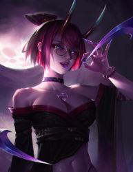 Rule 34 | 1girl, bare shoulders, bead bracelet, beads, blood moon (league of legends), blood moon evelynn, bracelet, breasts, collarbone, detached sleeves, evelynn (league of legends), gesture, glasses, hair ornament, highres, horns, jewelry, large breasts, league of legends, looking at viewer, moon, nail polish, navel, off shoulder, outdoors, pink eyes, pink nails, red hair, red horns, round eyewear, shen fan, short hair, solo, tongue, tongue out