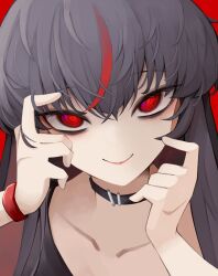 Rule 34 | 1girl, black hair, blush, bracelet, choker, closed mouth, commentary, english commentary, highres, jewelry, long hair, looking at viewer, multicolored hair, original, red background, red eyes, simple background, smile, solo, streaked hair, yandere, yuu azma