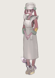 Rule 34 | 1girl, absurdres, apron, blouse, closed mouth, collarbone, commentary request, creatures (company), eyelashes, full body, game freak, hat, highres, hiro (user negm3832), hisuian sneasel, logo, nintendo, own hands together, pesselle (pokemon), pink shirt, pokemon, pokemon (creature), pokemon legends: arceus, raised eyebrows, shirt, shoes, socks, standing, v-neck, white apron, white background, white headwear, yellow footwear