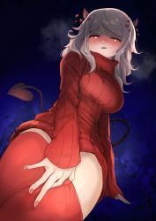 Rule 34 | 1girl, absurdres, black horns, black tail, breasts, demon girl, demon horns, demon tail, heart, heart-shaped pupils, helltaker, highres, horns, large breasts, long hair, long sleeves, modeus (helltaker), ohako (ohako1818), red eyes, red sweater, red thighhighs, ribbed sweater, solo, sweater, symbol-shaped pupils, tail, thighhighs, thighs, white hair