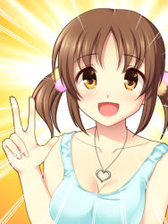 Rule 34 | 10s, 1girl, :d, breasts, brown hair, collarbone, heart, heart necklace, idolmaster, idolmaster cinderella girls, looking at viewer, medium breasts, necklace, no bra, open mouth, smile, solo, tank top, totoki airi, totokichi, twintails, upper body, v