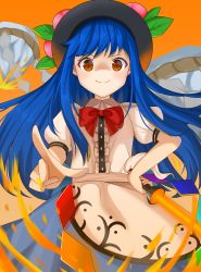 Rule 34 | 1girl, absurdres, black hat, blue hair, bow, bowtie, food, fruit, gavieeiee, hat, highres, hinanawi tenshi, leaf, long hair, looking at viewer, orange background, puffy short sleeves, puffy sleeves, red bow, short sleeves, smile, solo, sword of hisou, touhou