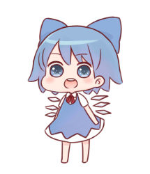 Rule 34 | 1girl, :d, barefoot, batta (ijigen debris), blue bow, blue dress, blue eyes, blue hair, blush, bow, chibi, cirno, collared dress, dress, full body, hair bow, ice, looking at viewer, neck ribbon, open mouth, red ribbon, ribbon, short sleeves, smile, solo, standing, teeth, touhou, upper teeth only