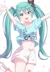 Rule 34 | 1girl, absurdres, alternate costume, ankle boots, aqua eyes, aqua hair, arms up, blue shirt, boots, bow, breasts, checkered bow, checkered clothes, clothes lift, collarbone, cowboy shot, dot nose, earrings, female focus, foot up, hair between eyes, hair bow, happy, hatsune miku, highres, itogari, jewelry, jumping, light blush, long hair, midriff, more more jump! miku, navel, open mouth, project sekai, ribbon, shirt, shirt lift, short sleeves, shorts, silver trim, simple background, small breasts, smile, solo, sparkle earrings, sparkle hair ornament, thigh strap, thighs, triangle, twintails, vocaloid, white background, white footwear, white ribbon, white shorts, wide-eyed